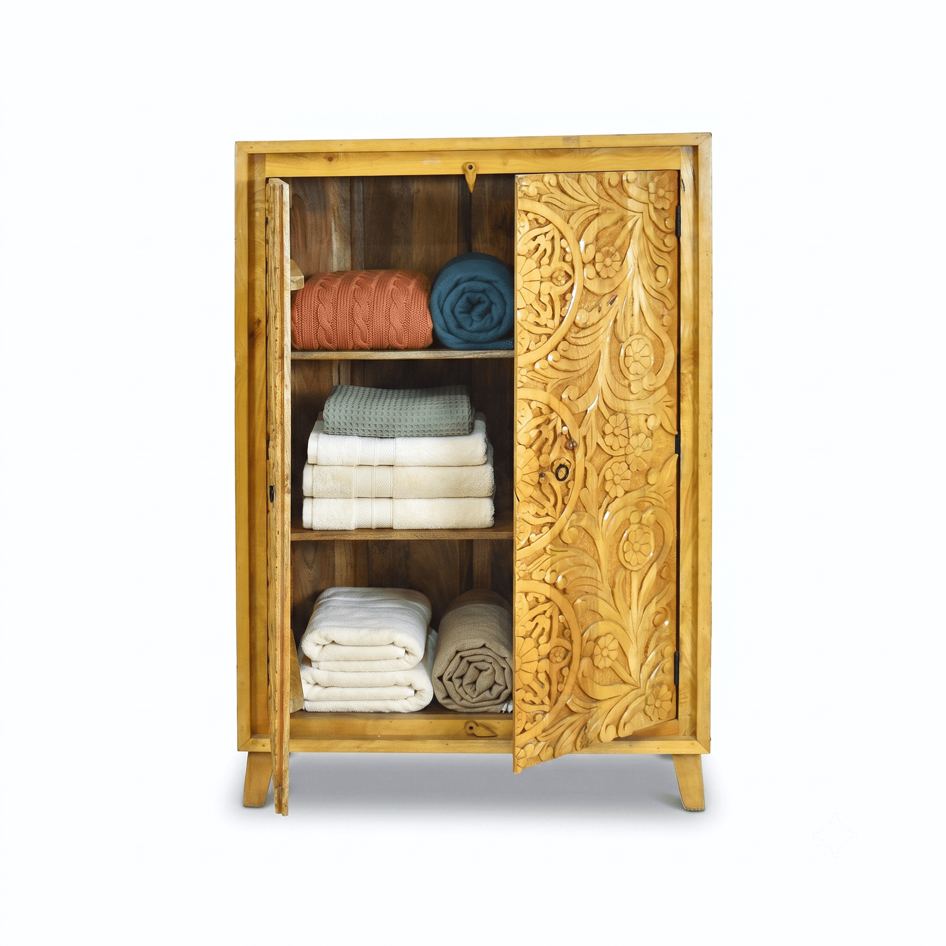 Elegant Hand Carved Mango Wood Accent Cabinet with natural wood finish