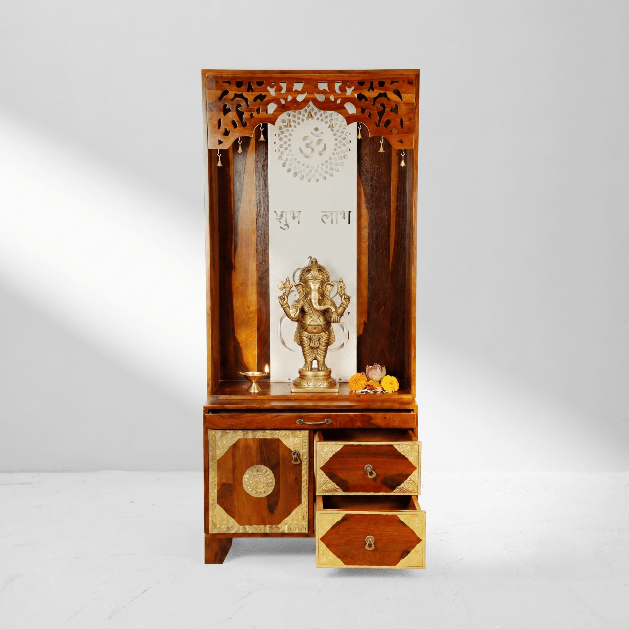 Elegant Solid Wood Devotional Shrine Cabinet with brass work