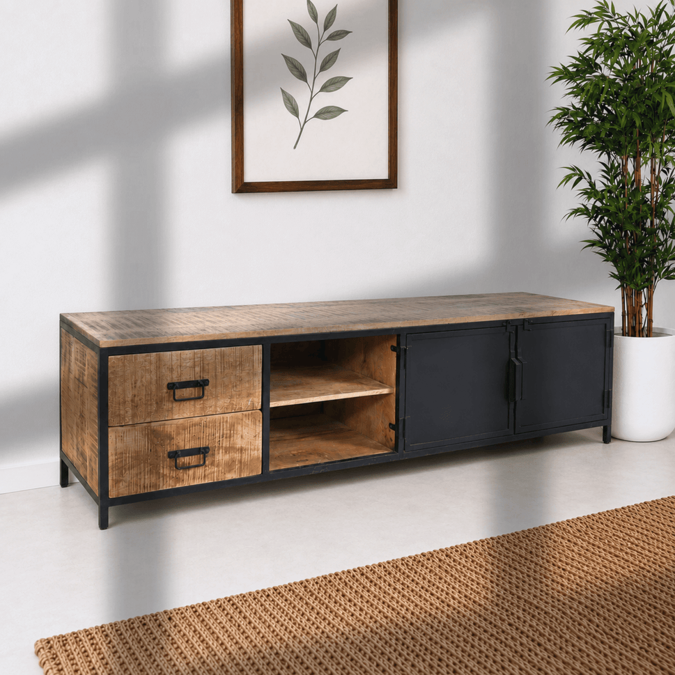 Solid Wood TV Bench with Storage Drawers & Shelves