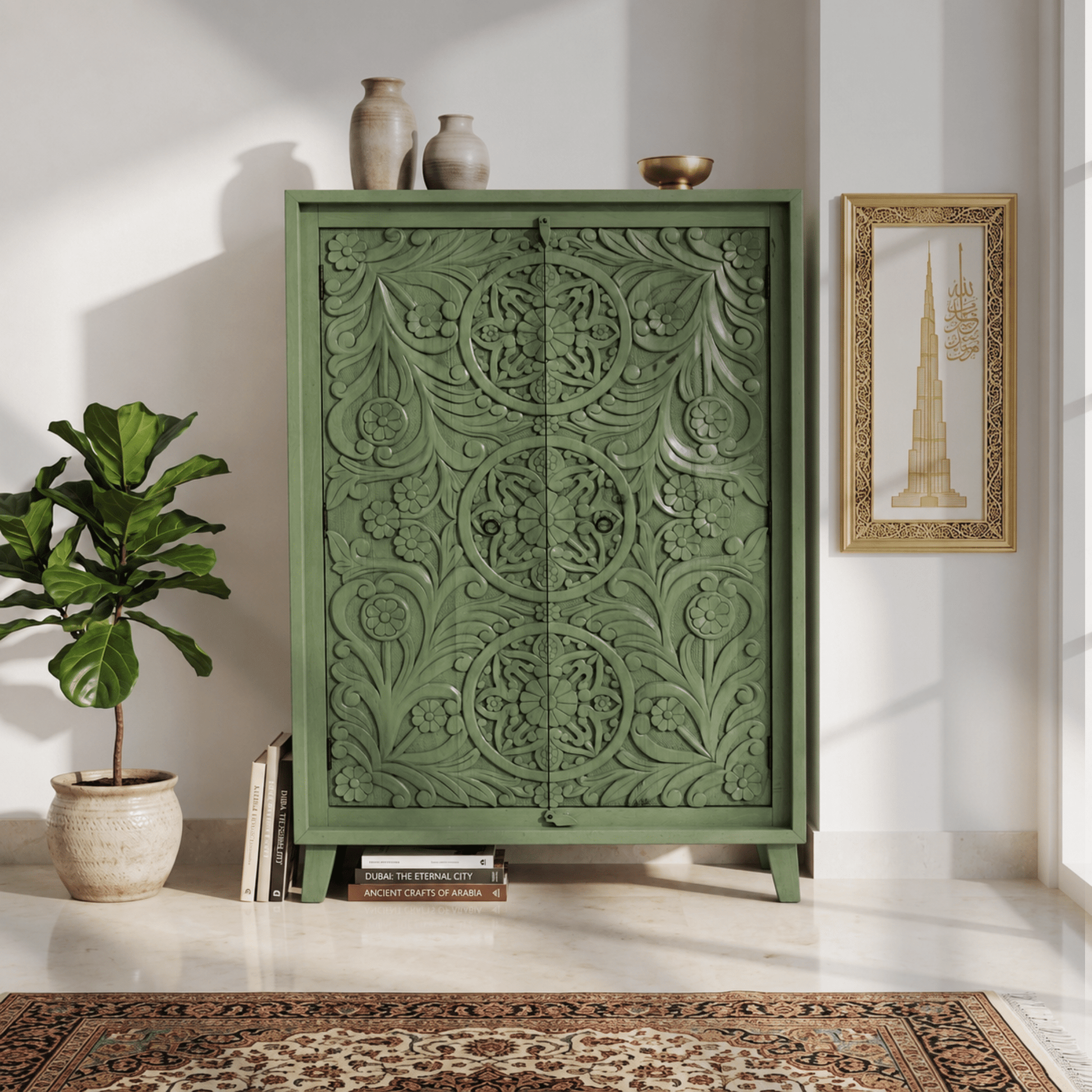 Elegant Hand Carved Mango Wood Accent Cabinet with natural wood finish