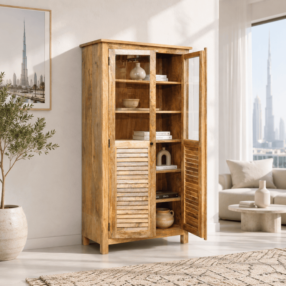 Modern Rustic Solid Mango Wood Glass Display Cabinet