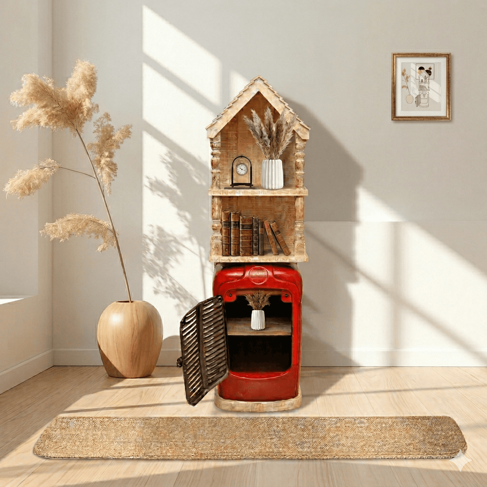 Decorative Vintage Red Tractor Cabinet with Wooden House Top