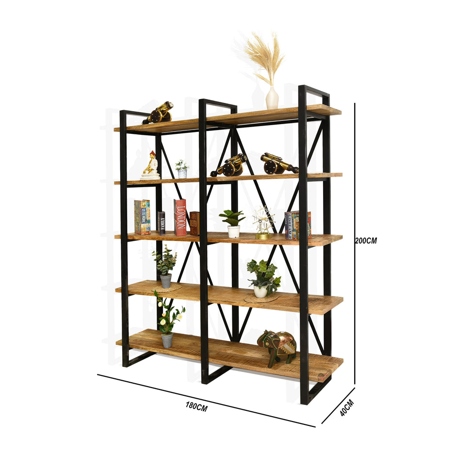 five - tier industrial - style bookshelf cabinet with black metal frame
