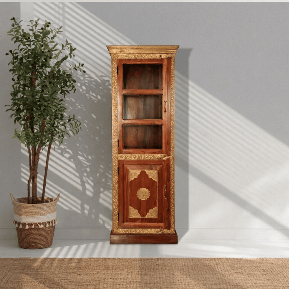Handcrafted Wooden & Glass Brass Cabinet
