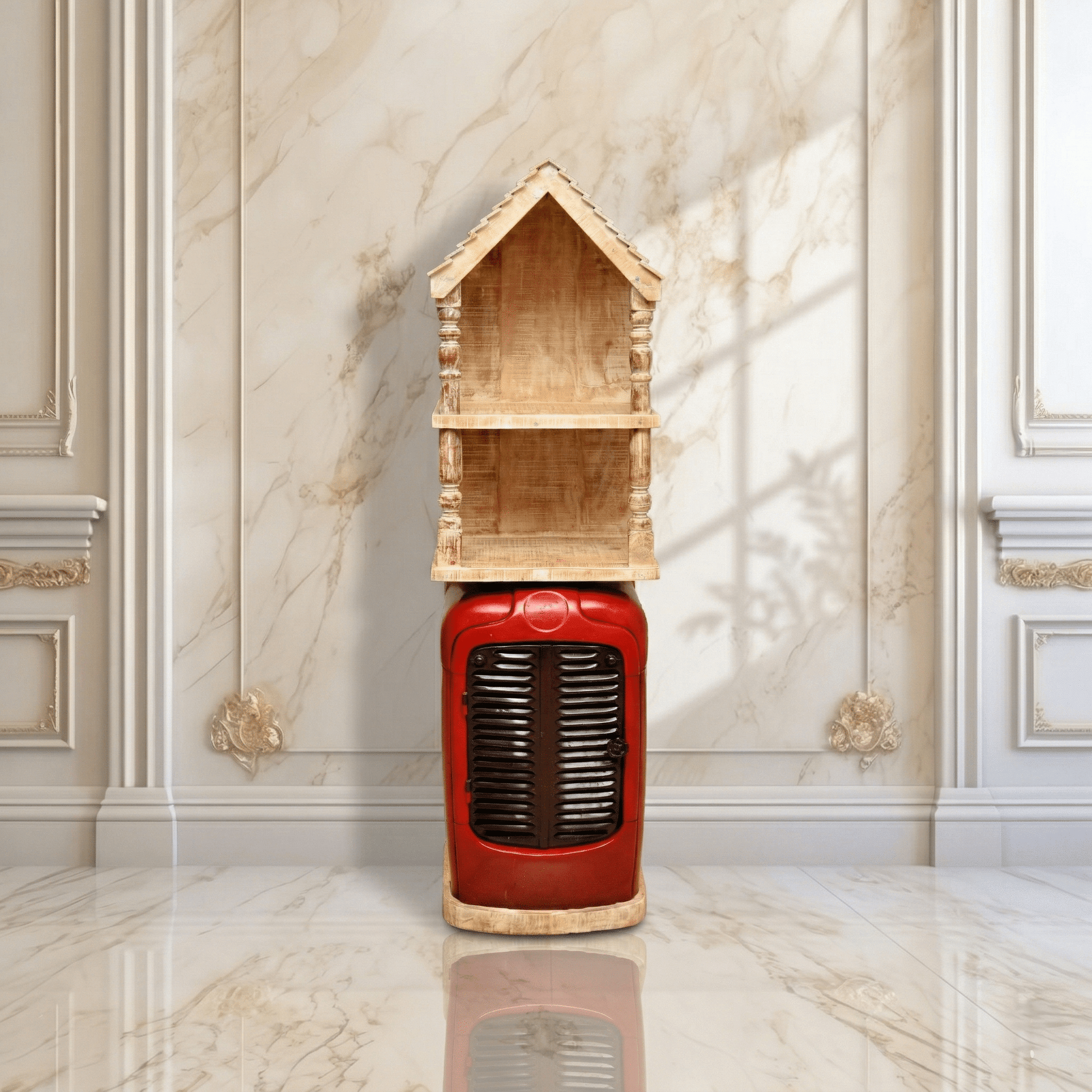 Decorative Vintage Red Tractor Cabinet with Wooden House Top