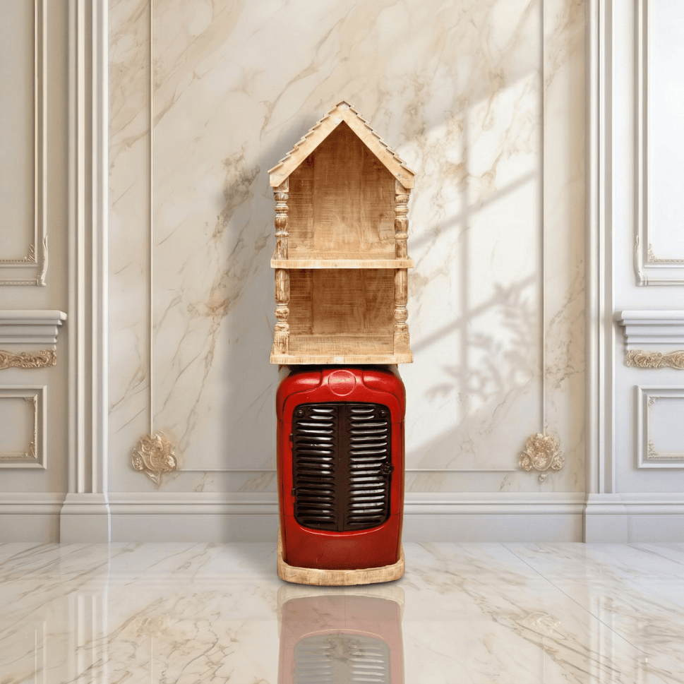Decorative Vintage Red Tractor Cabinet with Wooden House Top