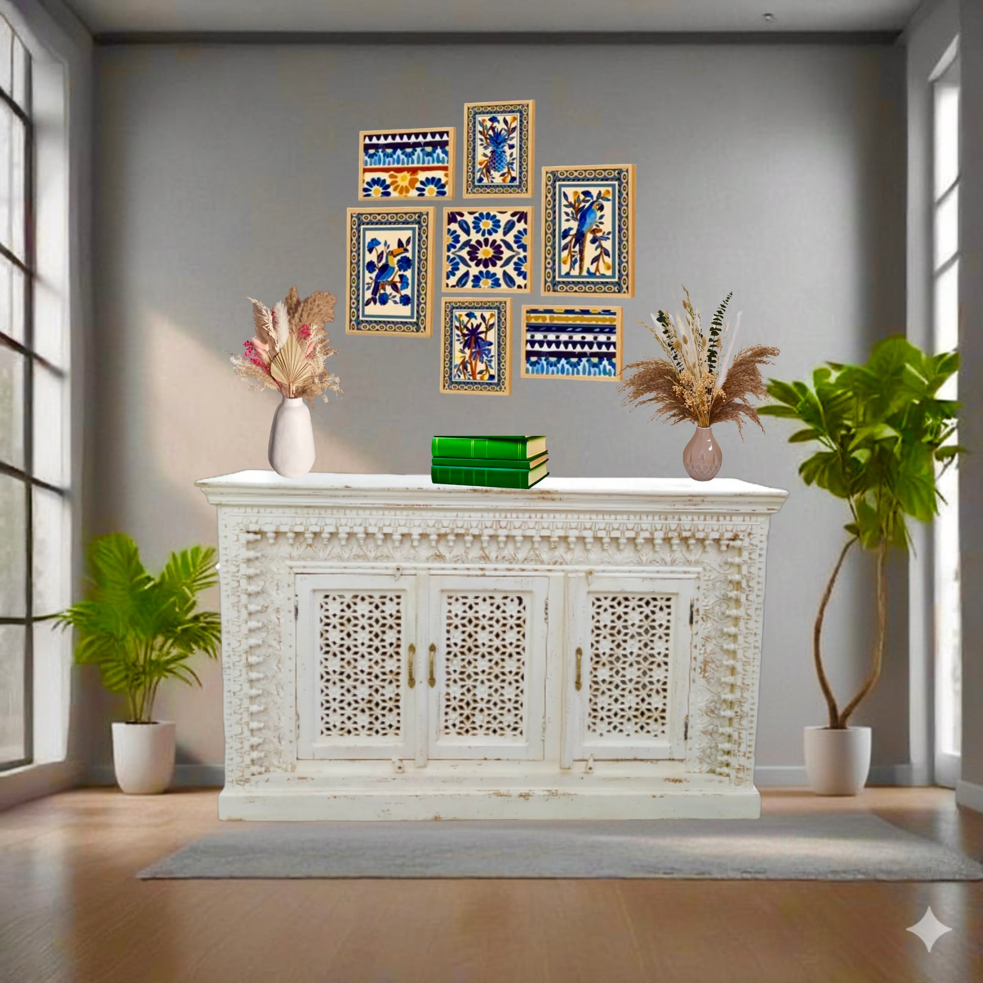 Handicrafed wooden sideboard with white finish
