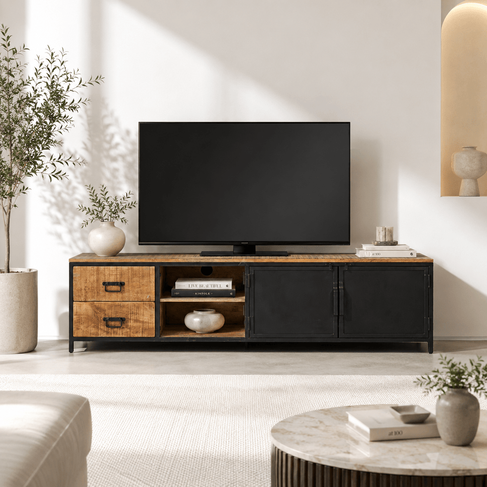 Solid Wood TV Bench with Storage Drawers & Shelves