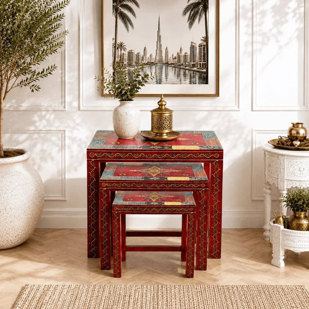 Hand-Painted Mango Wood Nesting Tables Dubai | Rajasthani Solid Wood Furniture UAE