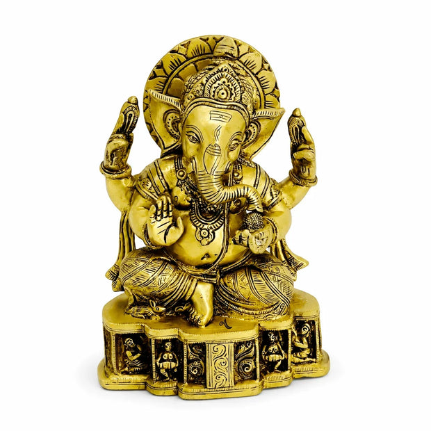 Brass Sitting Ganesha With Golden Brass With Super Fine Hand Work 9.5 Inches Tall