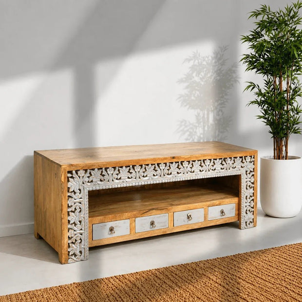 Hand Carved Mango Wood TV Unit with Four Drawers | Luxury Solid Wood TV Console UAE