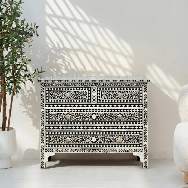 Boho Chic Black & White Bone Inlay Dresser – Luxury Handmade Furniture for Modern Homes in UAE, Dubai, USA & Europe