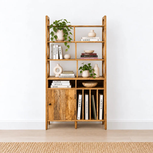 Mango Wood Bookcase UAE – Hayat Natural Display Cabinet with Bookshelf Storage for Modern Homes