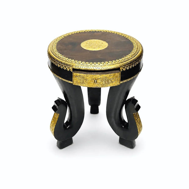 Indian Traditional Round Wooden Table with 3 Elephant Legs & Brass Inlay – Handmade Solid Mango Wood Furniture for Dubai, UAE