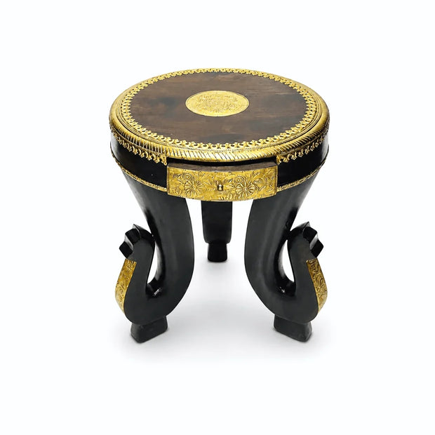 Indian Traditional Round Wooden Table with 3 Elephant Legs & Brass Inlay – Handmade Solid Mango Wood Furniture for Dubai, UAE