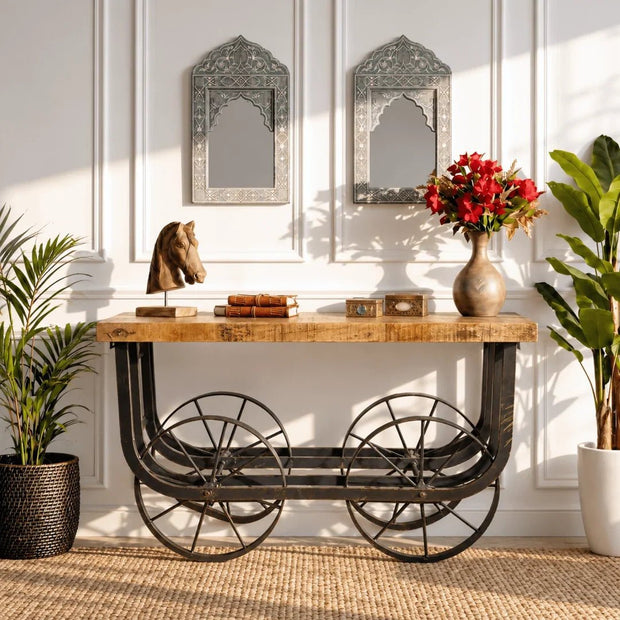 Solid Mango Wood Console Table with Wheels UAE | Rustic Luxury