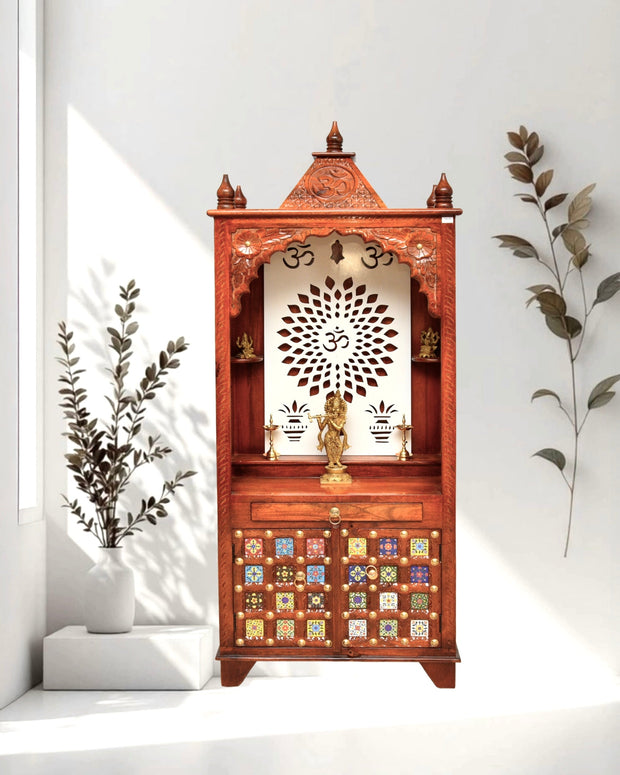 Natural Mango Wood Pooja Temple with Doors – Handcrafted Wooden Mandir in Dubai UAE
