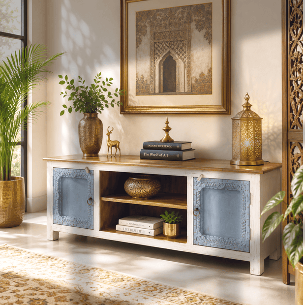 The Dubai Prestige Rustic Mango Wood Entertainment Center: A Luxury Wooden TV Cabinet for UAE Homes
