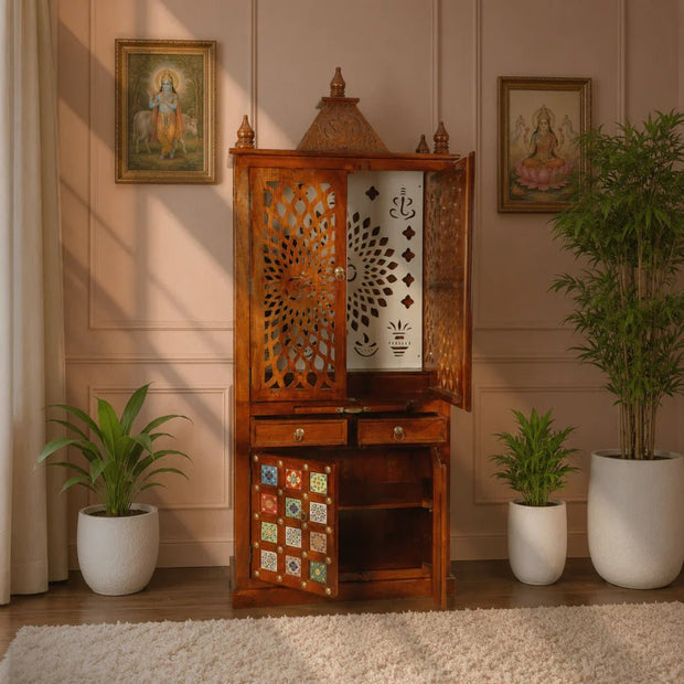 Royal Wooden Pooja Shelf Cabinet with OM Design & Drawers UAE