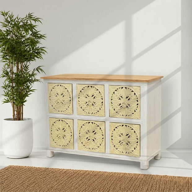 Ivoria Floral Carved Solid Wood Buffet Cabinet UAE | Handmade 6 Drawer Wooden Storage Furniture for Dubai Villas & Luxury Interiors
