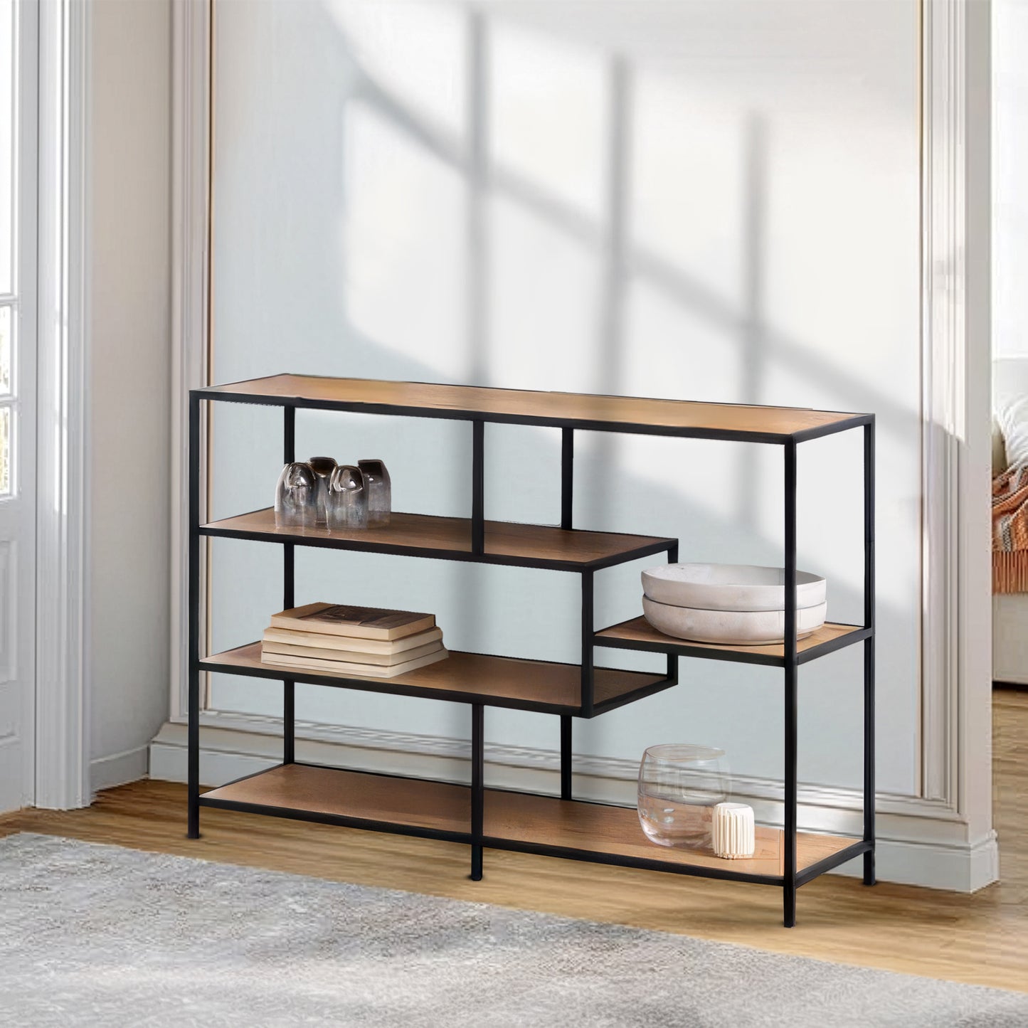 Metal console table with storage shelves