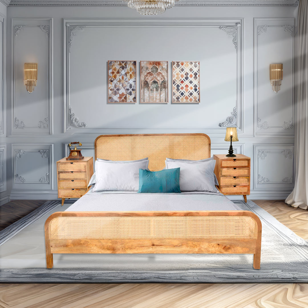 Premium handicrafted solid wood bed with bed side with rattan work