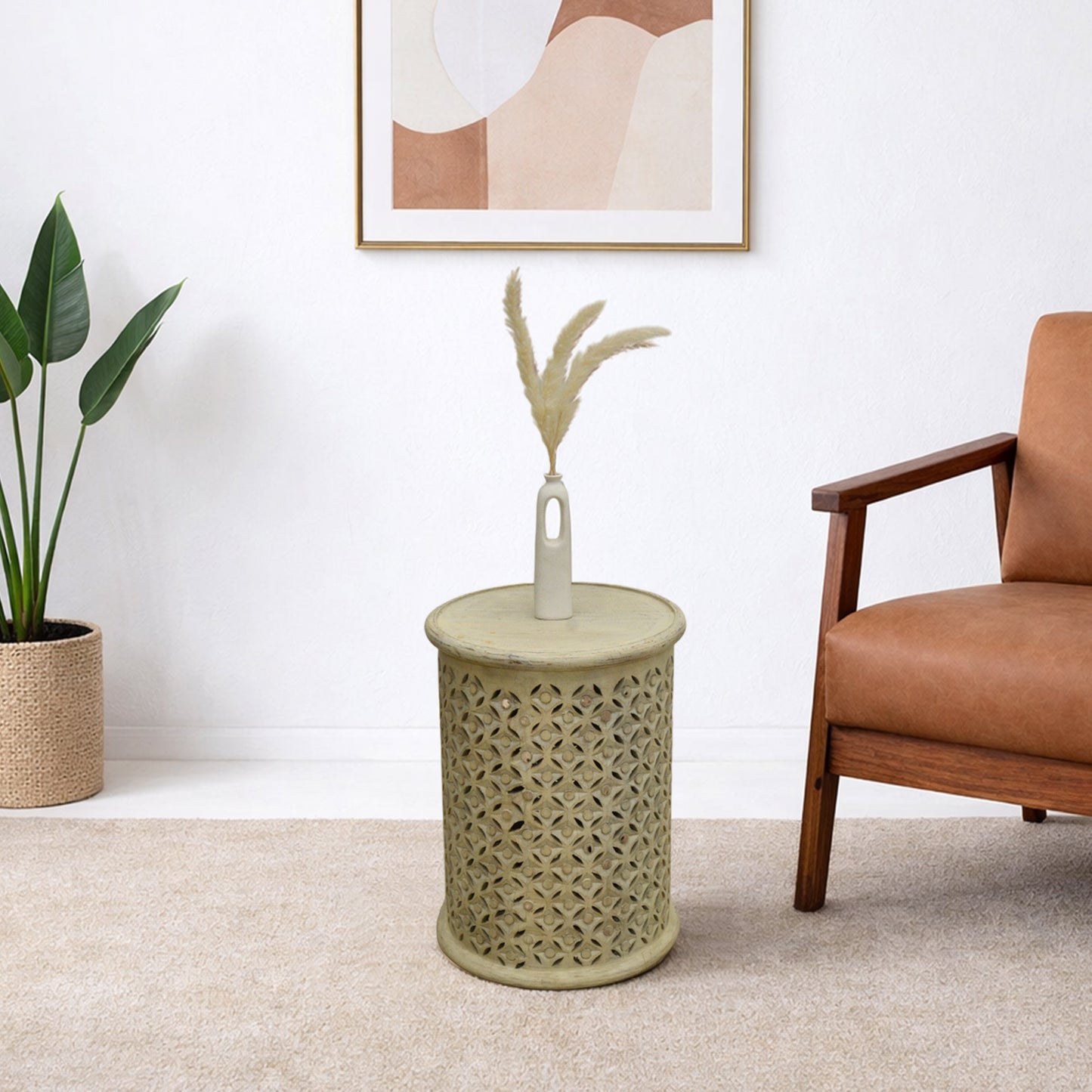 Carved Side Table White Finish – Handcrafted Accent Table