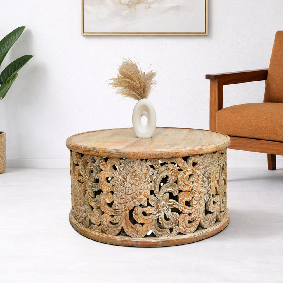 طاولة قهوة دائرية من خشب المانجو الصلب | تفضل بزيارة معرضنا للأثاث في دبي