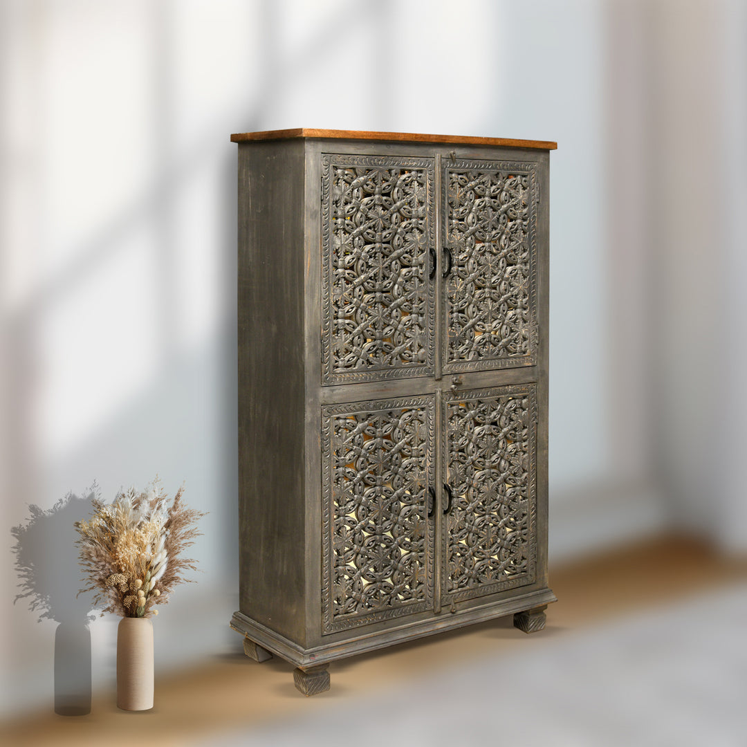 Premium Hand Cut Work hardwood storage Cabinet with antique finish
