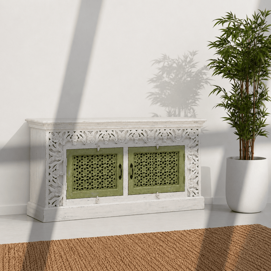 The Haveli Hand-Carved TV Unit UAE | Rustic Wooden Console Dubai