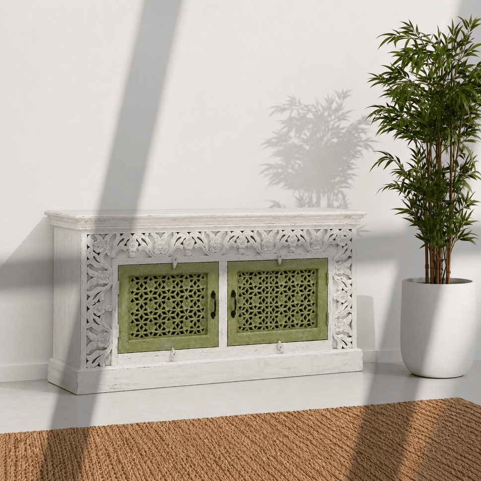 The Haveli Hand-Carved TV Unit UAE | Rustic Wooden Console Dubai