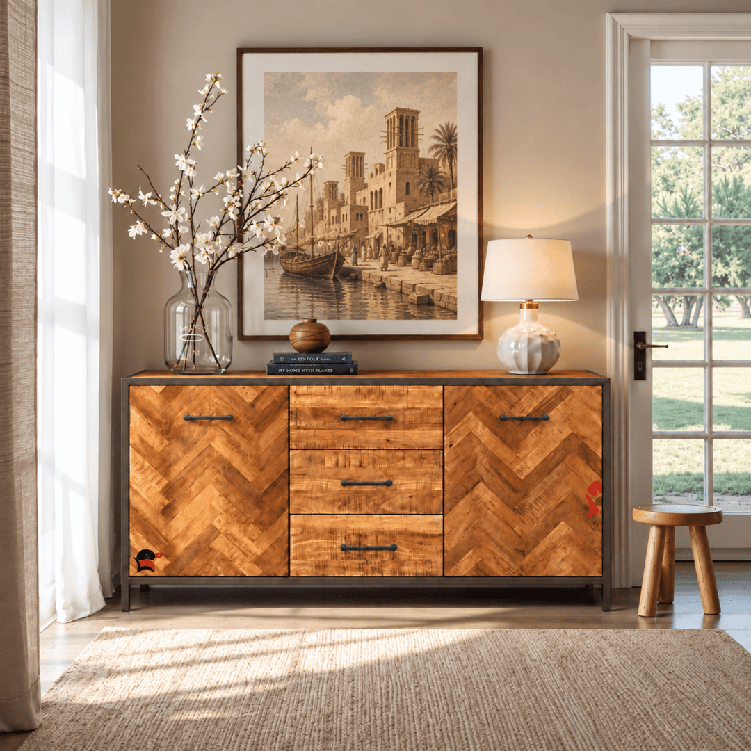 Herringbone Pattern solid Wood Sideboard Dubai