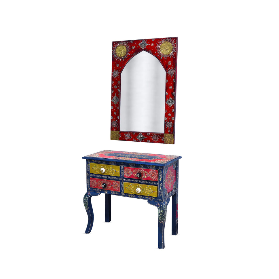 Solid mango wood console table with 4 drawer with hand painting