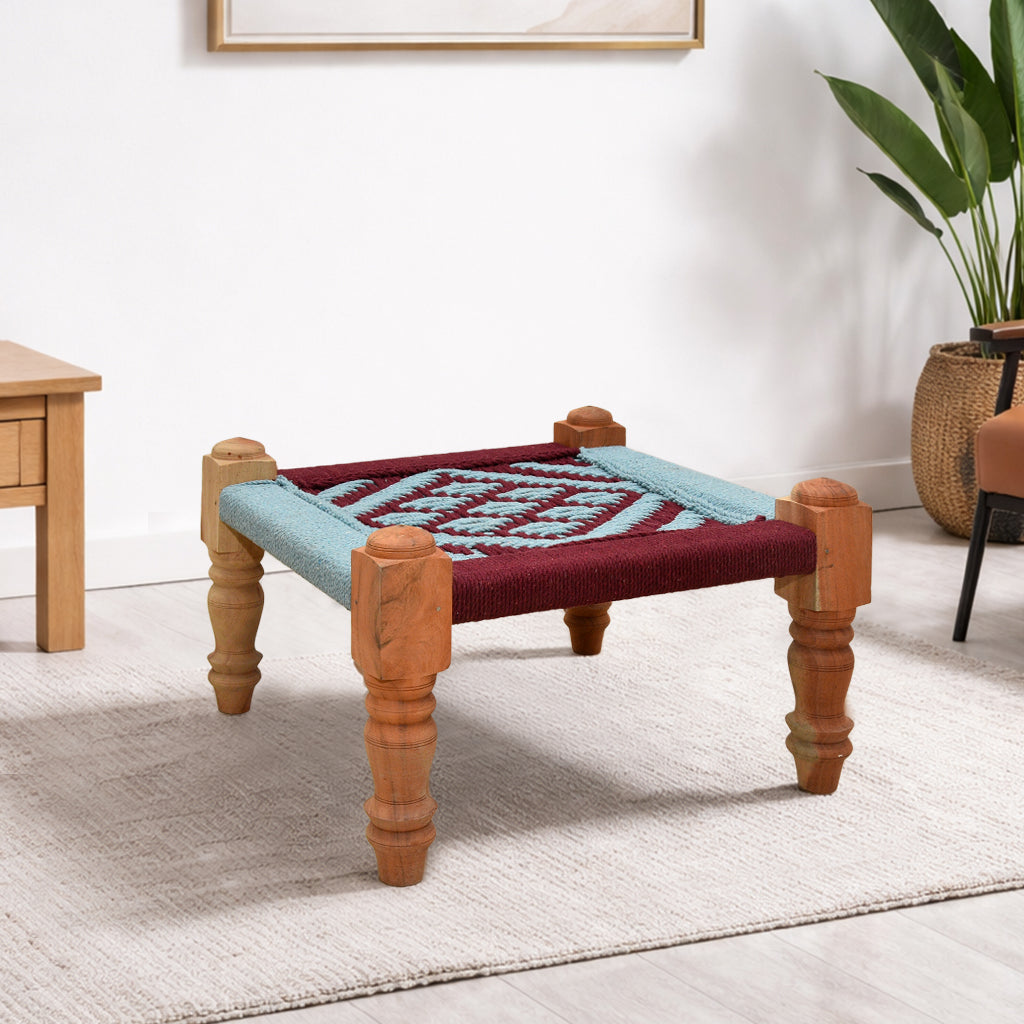 Rajasthani wooden pidha stool with hand made cotton rope seat