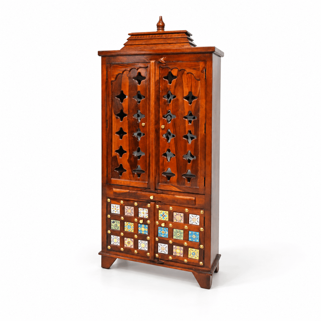 Traditional sheesham wood home mandir with drawer and storage box