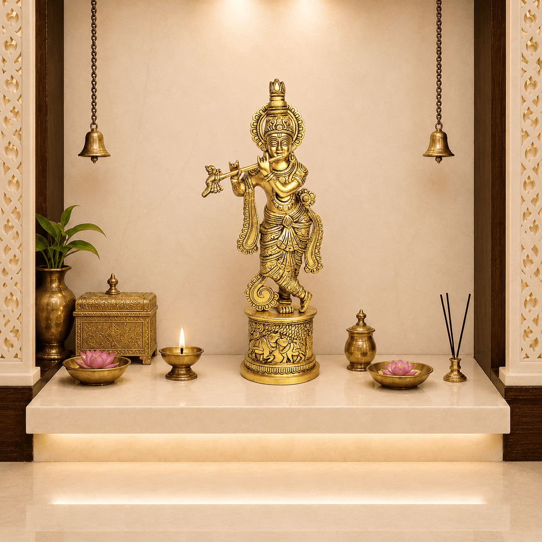 Divine Brass Krishna Flute Statue – Intricate Handmade Carving