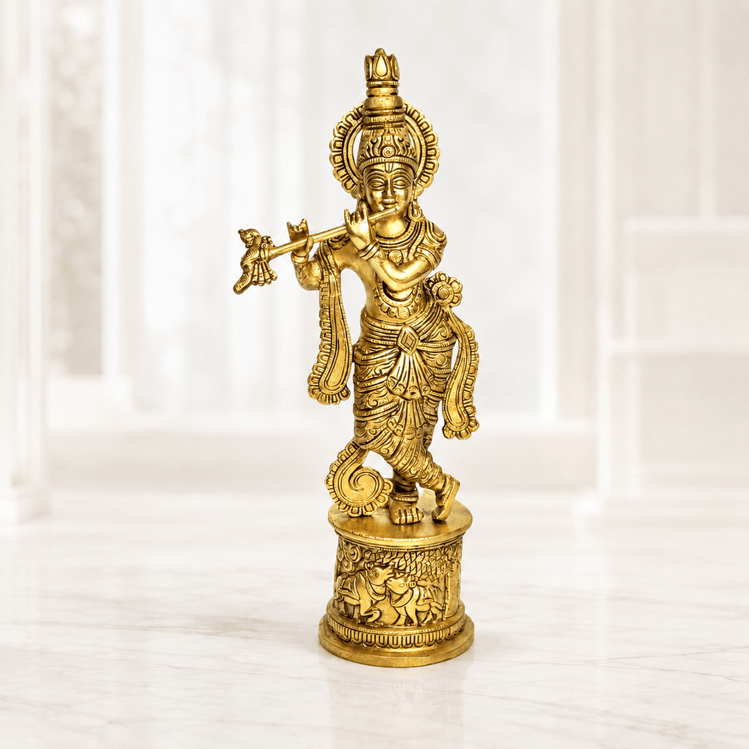 Divine Brass Krishna Flute Statue – Intricate Handmade Carving