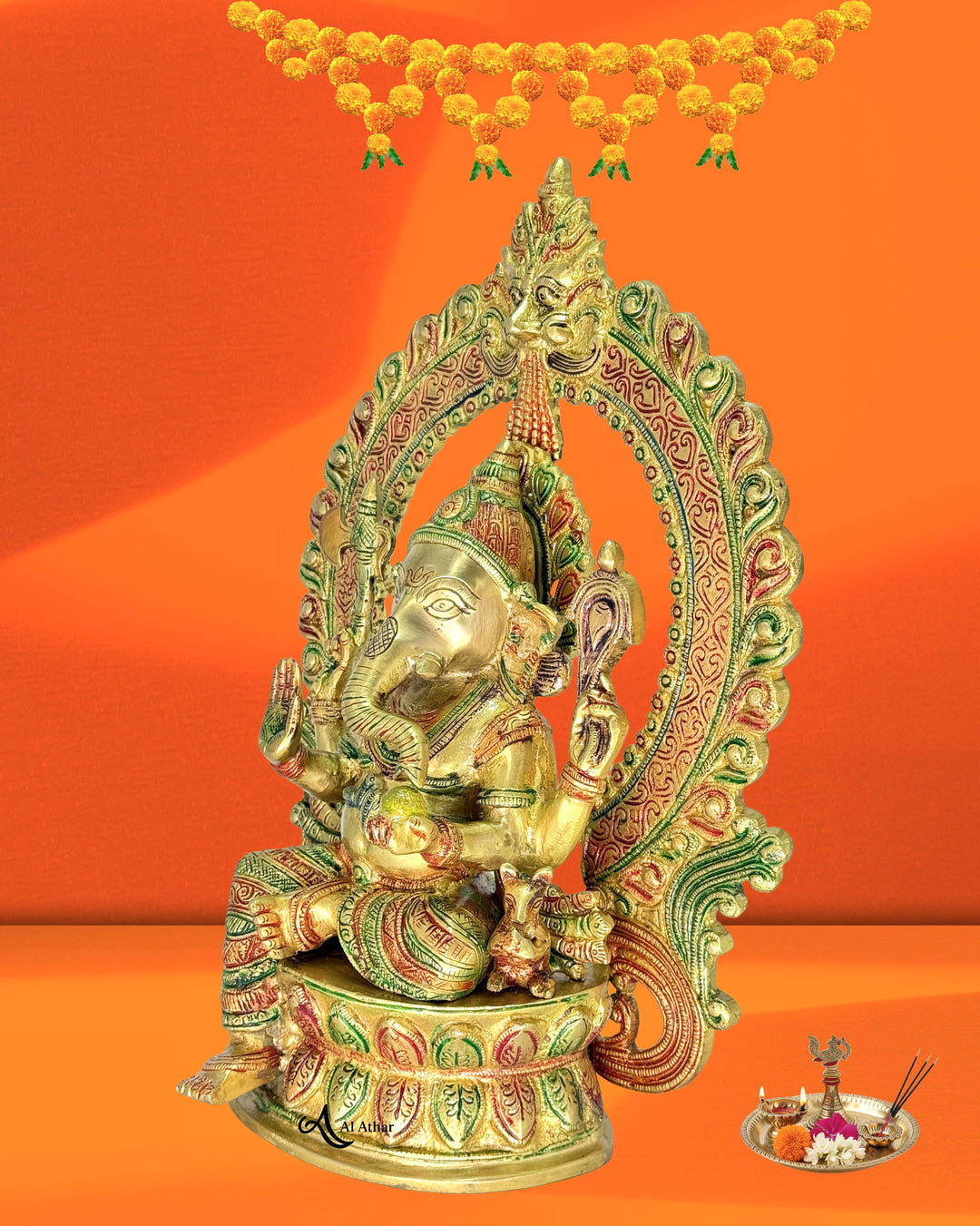 Brass Ganesha Sitting Idol With Meena Work 14X11 inches For Home Decoration