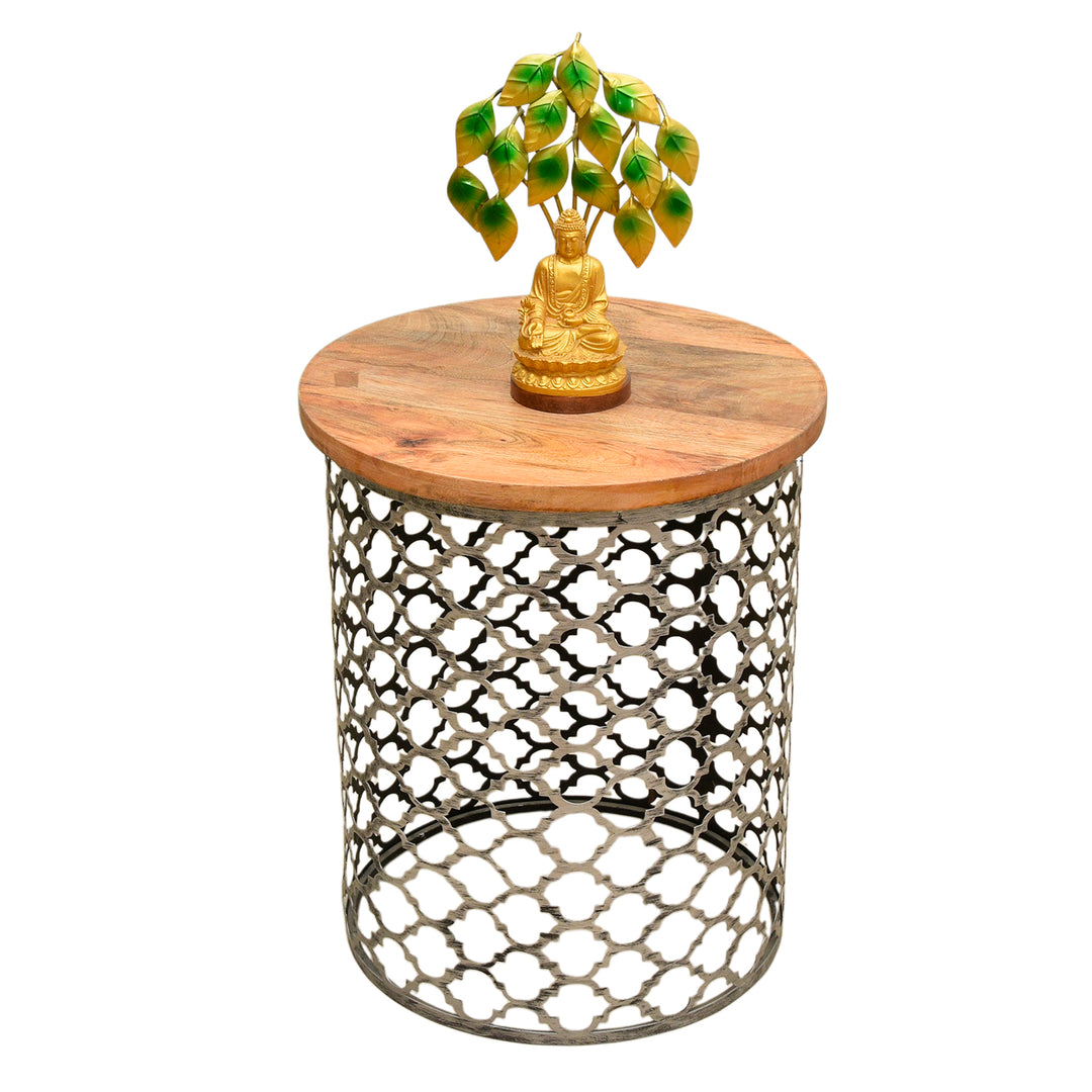 Moroccan style metal & wood accent table with antique finish