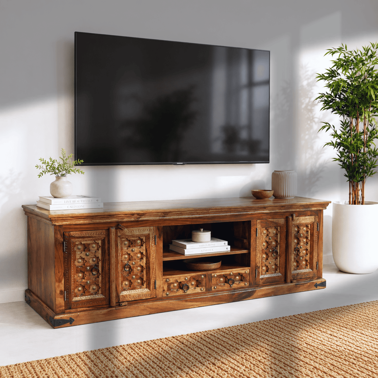handcrafted sheesham wood tv stand, indian rosewood media console, solid wood entertainment unit, handmade wooden tv cabinet, premium media console hand made, 