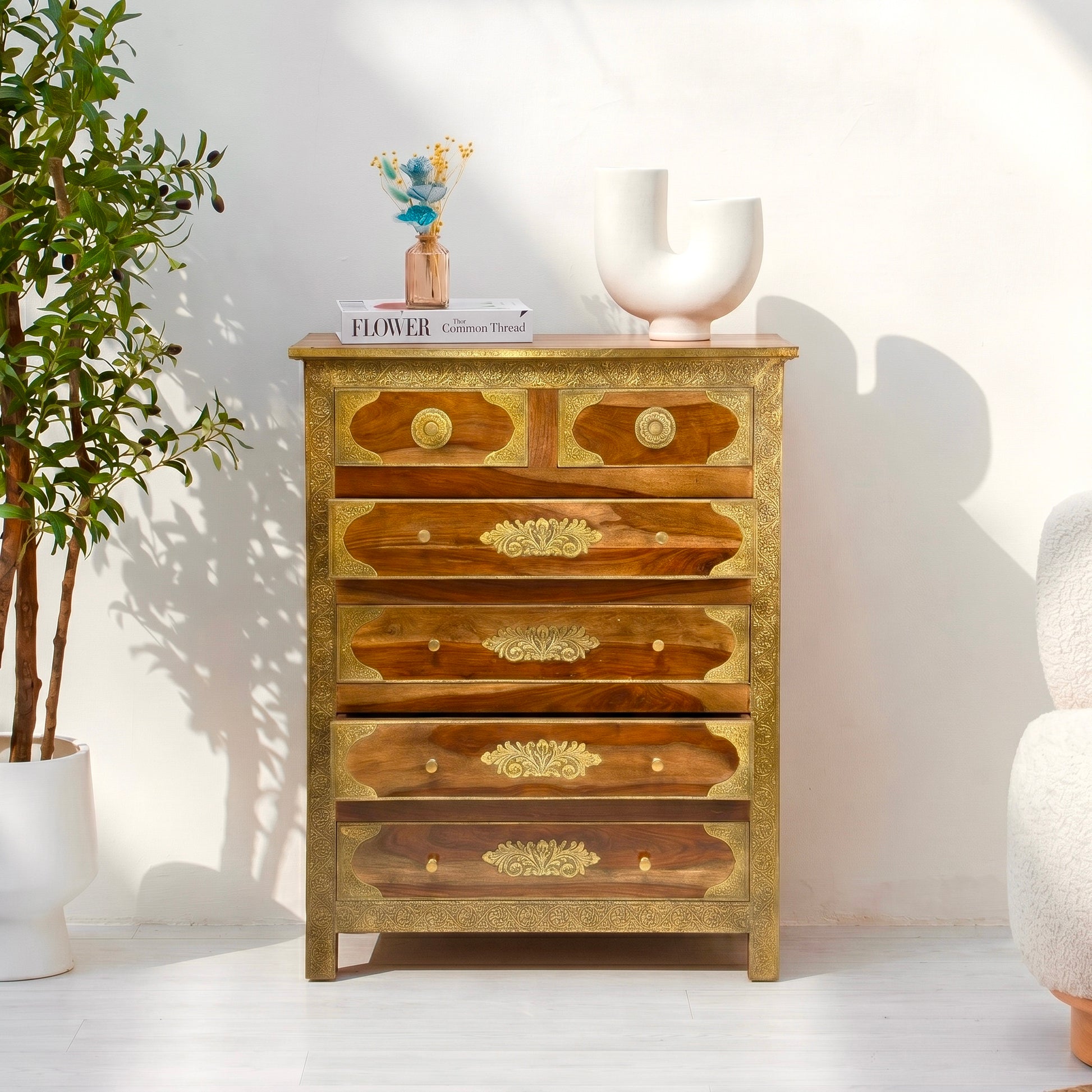 Handcrafted mango wood chest of drawers with brass embossing inlay work
