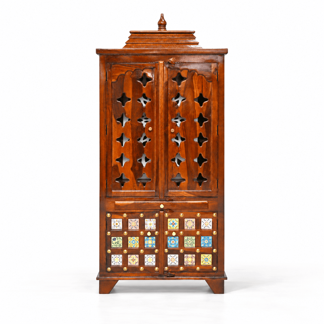 Traditional sheesham wood home mandir with drawer and storage box