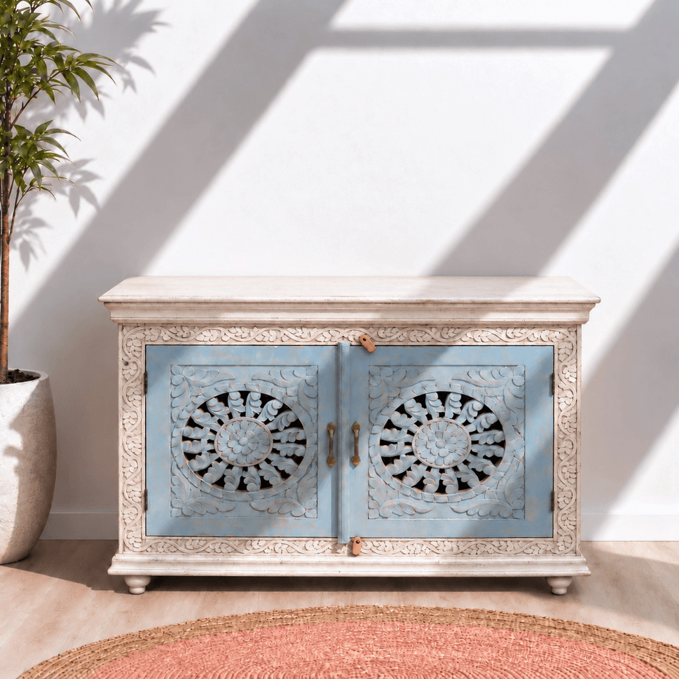 Unique Hand-Carved Mango Wood Sideboard for Villas and Homes