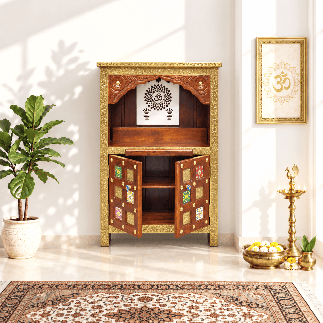 Handmade Mango Wood Temple Cabinet with Om and Diya Cutwork