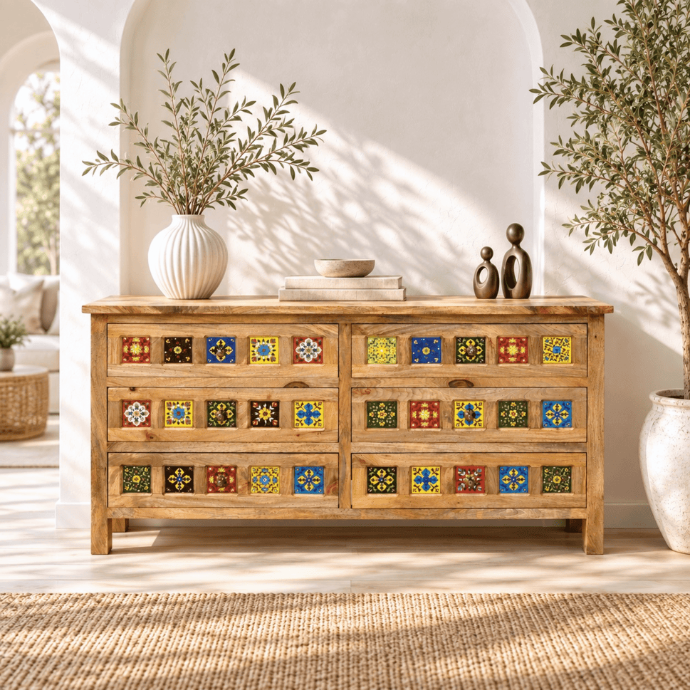 Elara Artisan Tile Solid Mango Wood Chest – 6-Drawer Storage Dresser