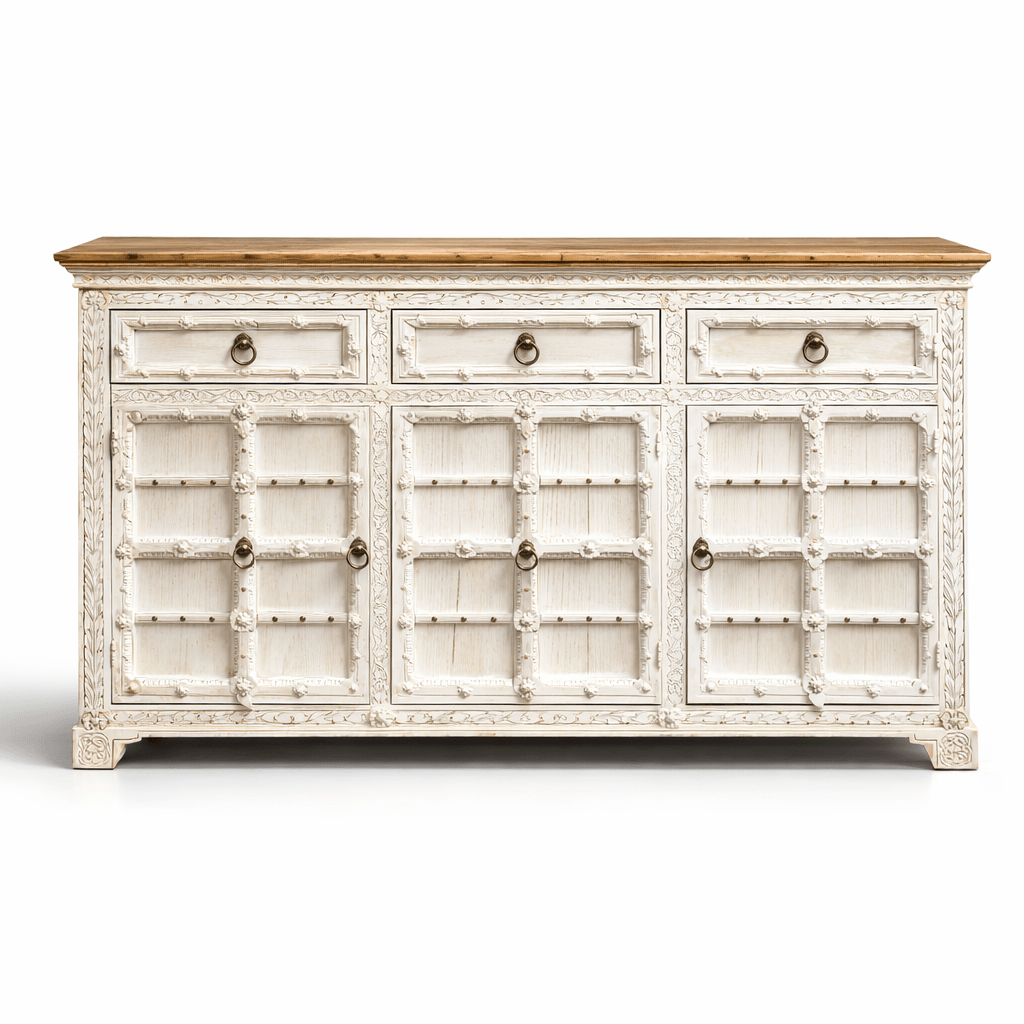 Indian solid wood sideboard with 4 doors with white rustic finish