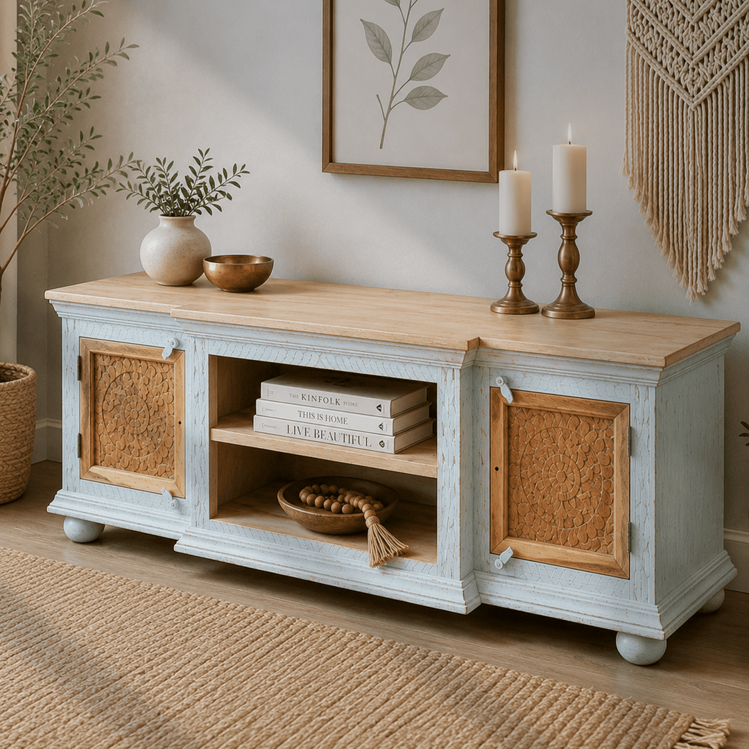 The Bohemia Hand Carved Mango Wood TV Unit | Rustic Blue UAE | Dubai