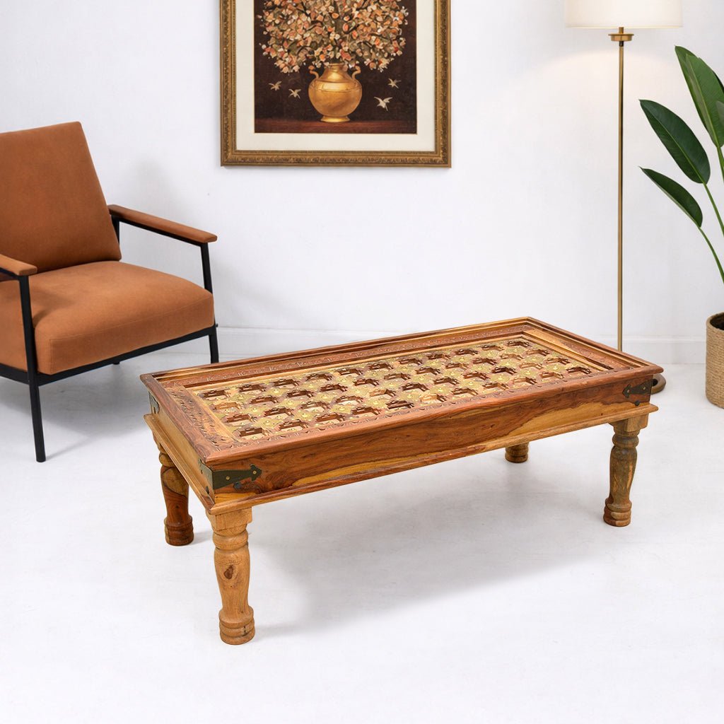 Indian Solid Wood Coffee Table with Hand Carving