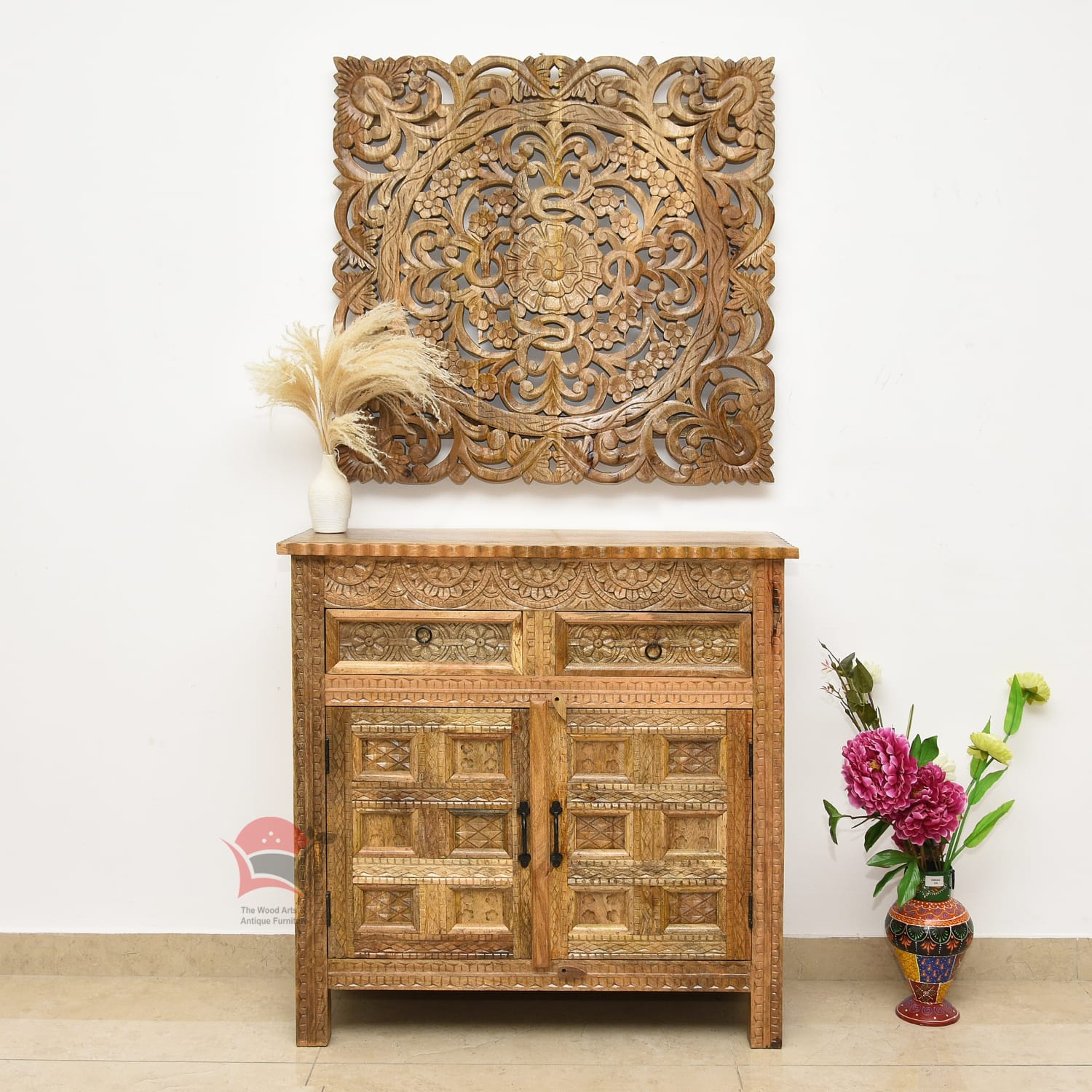 wooden sideboard with hand carving with natural wood finish