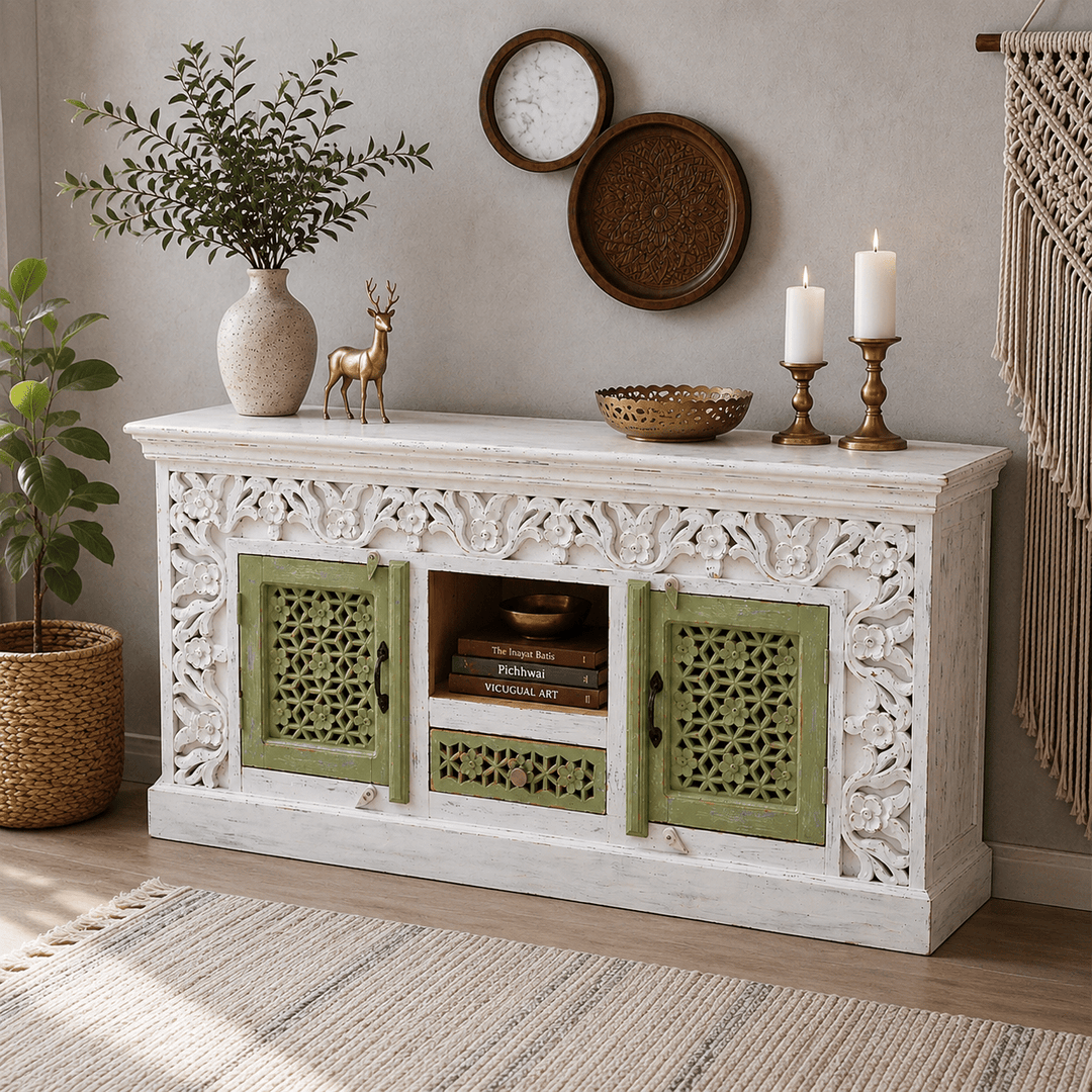 The Haveli Hand-Carved TV Unit UAE | Rustic Wooden Console Dubai